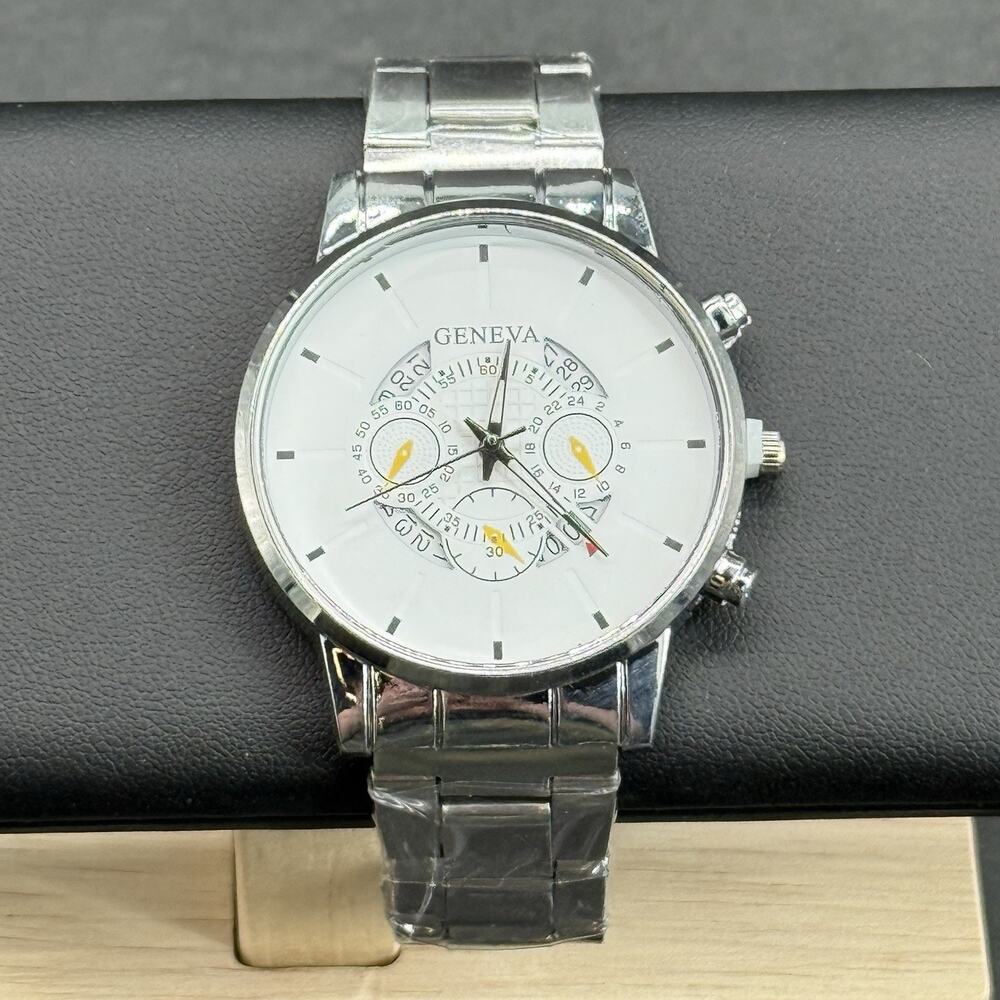 Geneva Men's Luxury Quartz Chronograph Watch Silver Stainless Steel Casual Dress